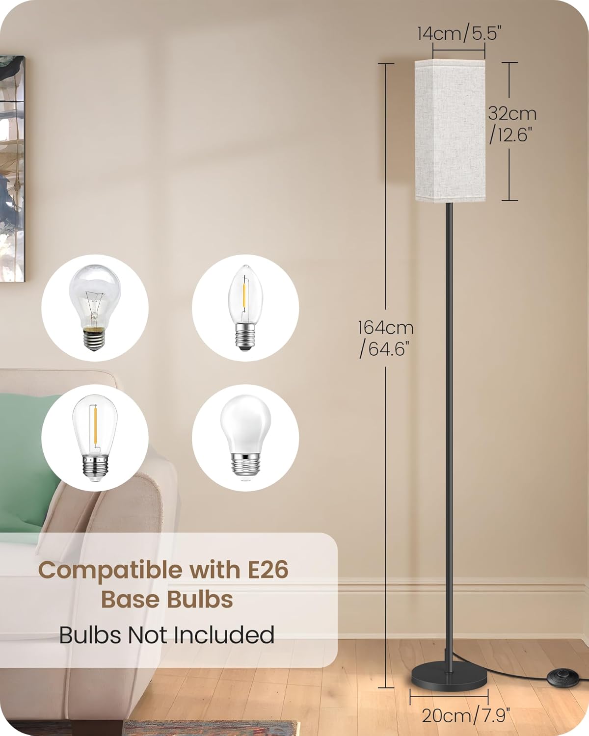 Skiennix Modern Floor Lamp - Minimalist Standing Lamp with Foot Switch | Black & Beige, ETL Listed