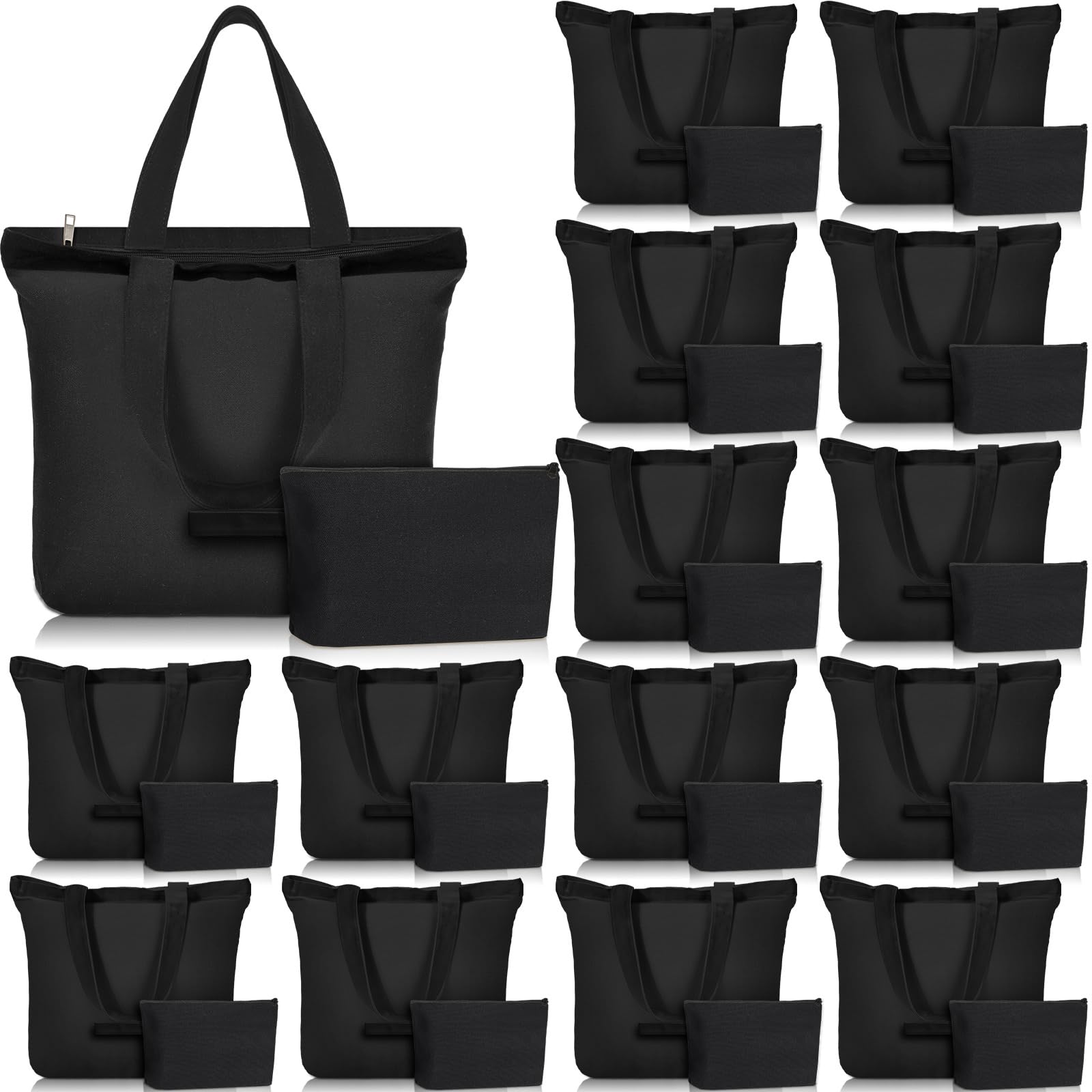Silkfly 30 Pcs Tote Bag with Zipper, Cotton Canvas Makeup Bag Kitchen Reusable Grocery Pouch Blank Canvas Totes with Handles (16.5 x 3.9 x 13 in,Black)