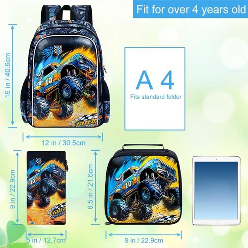 ZLYERT 16" Truck Backpack for Boy, 3Pcs Car School Backpacks with Lunch Box, Kids Bookbag for Elementary Preschool Kindergarten(Black)