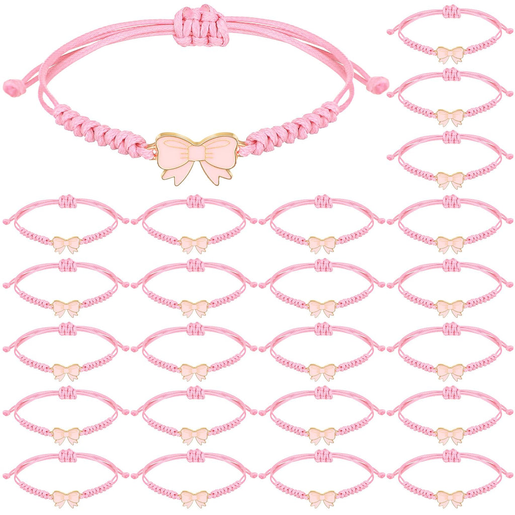 Liliaafar 24 Pack Coquette Pink Bow Braid String Bracelets Gift Bulk Cheerleader Adjustable String Rope Braided Birthday Party Favor for Cheer Dance Team Friends Gift