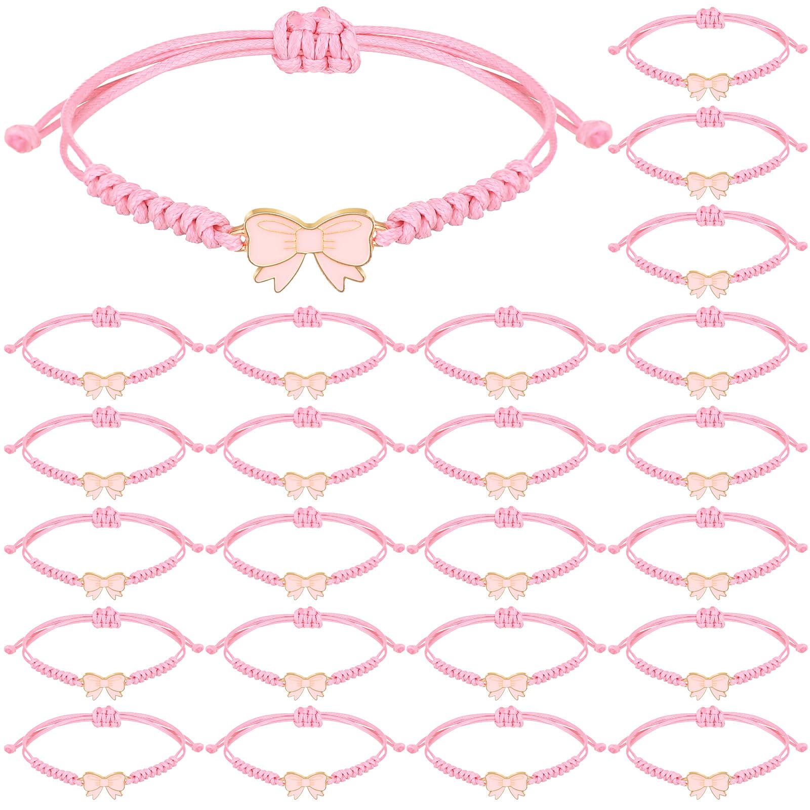 Liliaafar 24 Pack Coquette Pink Bow Braid String Bracelets Gift Bulk Cheerleader Adjustable String Rope Braided Birthday Party Favor for Cheer Dance Team Friends Gift