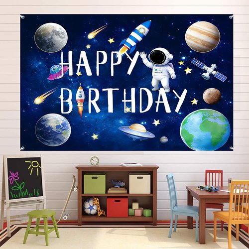96pcs Outer Space Astronaut Party Decorations - Galaxy Themed Party Supplies ：Happy Birthday Backdrop, Tablecloth, Star Garland,Multi-color Balloons and Rocket ，astronaut Balloons.