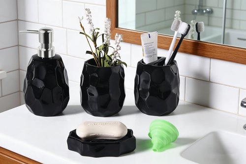 Ceramic Bathroom Accessories Set 4 PCS,Bathroom Toothbrush Holder Set,Soap and Toothbrush Holder Set,Include Toothbrush Holder,Soap Dispenser,Soap Dish,Tumbler,Bathroom Sets Decor Organizer (Black)