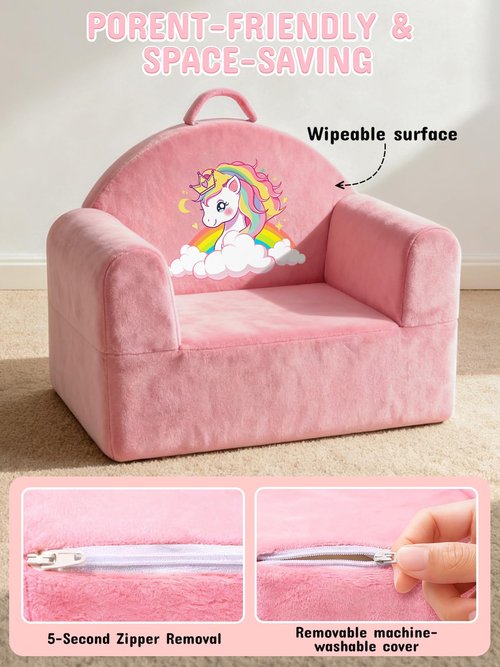 laapee Kids Sofa Chair with Removable Washable Cover & Magic-Tape Backrest Toddler Chair, Cozy Crystal Velvet Furniture for Playtime, Naps & Travel (Soft Pink, Unicorn Design)