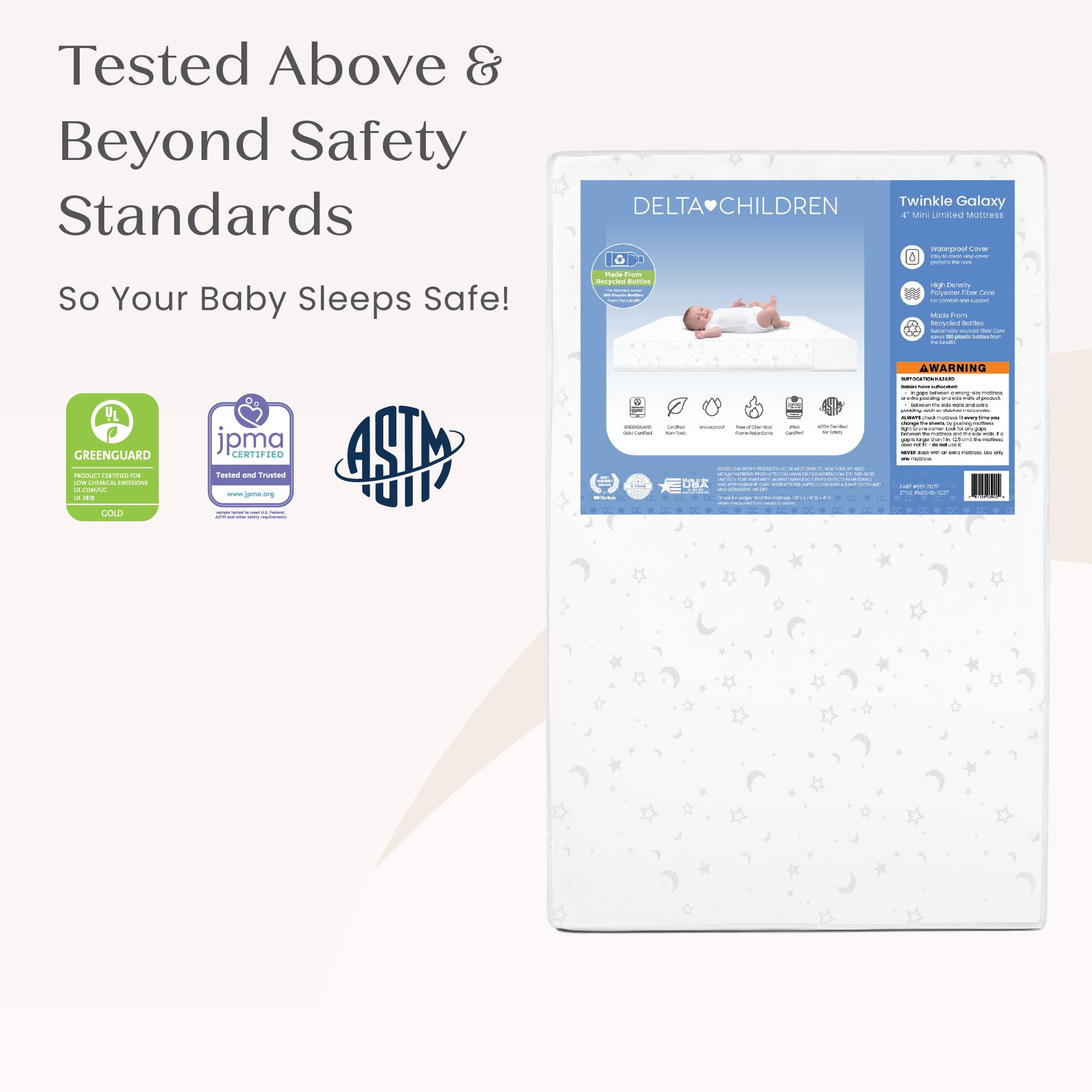 Delta Children Twinkle Galaxy Limited 4-inch Mini Crib Mattress - Premium Sustainably Sourced Fiber Core - Waterproof - GREENGUARD Gold Certified (Non-Toxic) - 5 Year Warranty - Made in USA