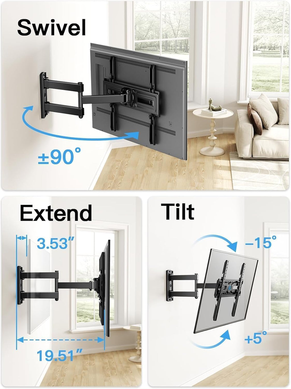 Pipishell Full Motion TV Wall Mount - Adjustable Bracket for 26-65 Inch TVs | Max VESA 400x400mm, 77 lbs Capacity