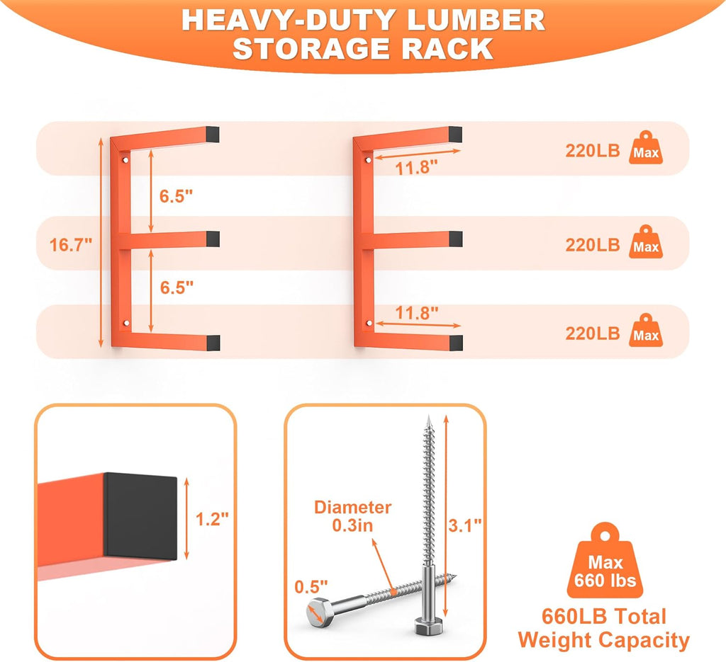 Ultrawall Lumber Storage Rack - Heavy-Duty Wall-Mounted Wood Organizer | Holds 220 LBS Per Level (Pack of 2, Orange)