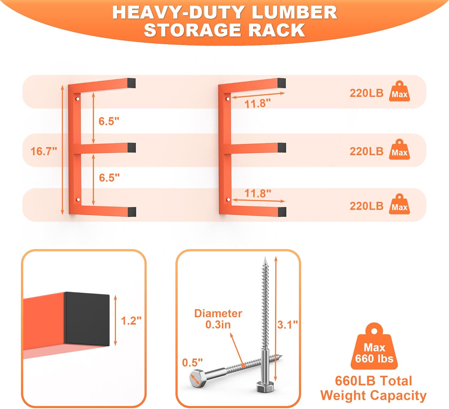 Ultrawall Lumber Storage Rack - Heavy-Duty Wall-Mounted Wood Organizer | Holds 220 LBS Per Level (Pack of 4, Orange)
