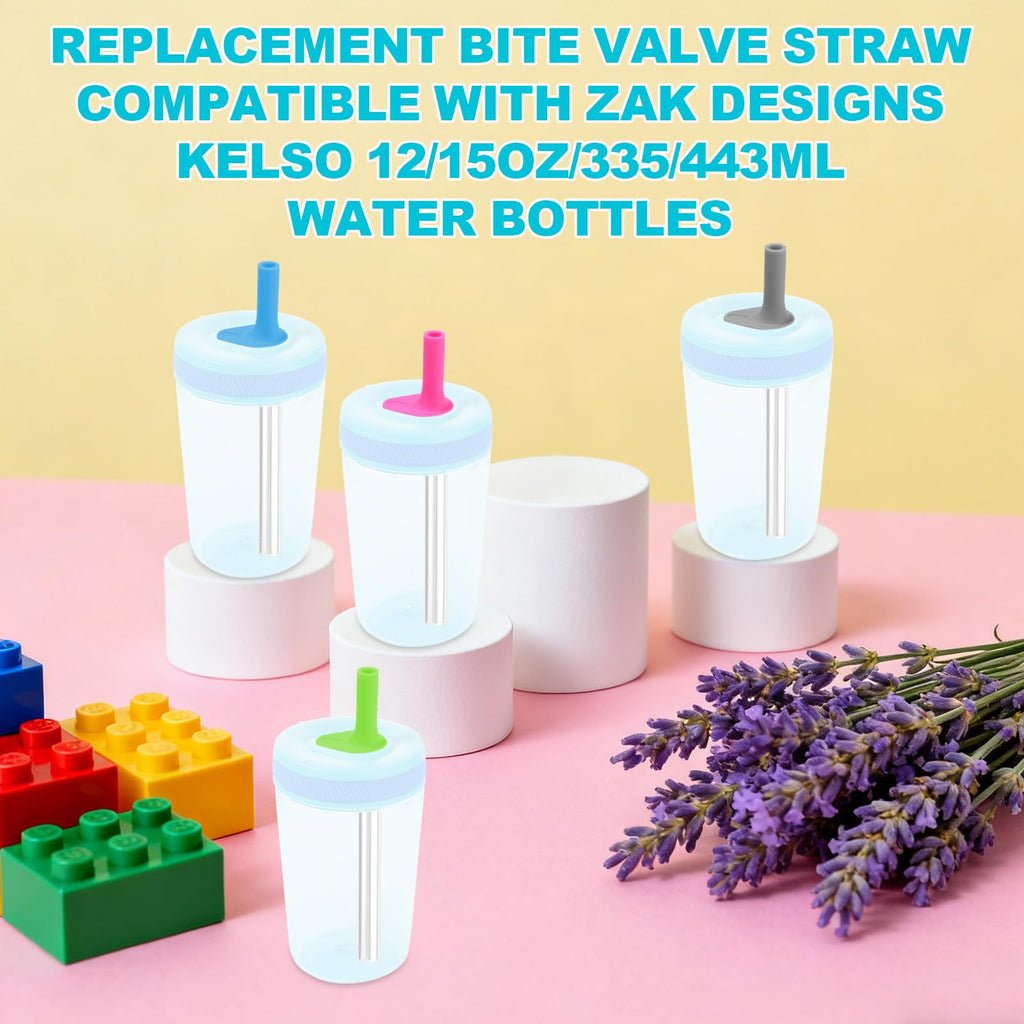 4pcs Straw Replacement for Zak, Stainless Steel Straws with Silicone Bite Valve with Cleaning Brush Cup Replacement Parts for kids Sippy Cups 12oz/ 15oz (4 Colors)