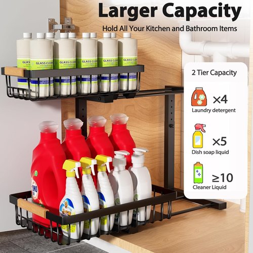 Liuoud Under Sink Organizer - 2 Pack Adjustable 2-Tier Storage Solution for Kitchen & Bathroom - Black