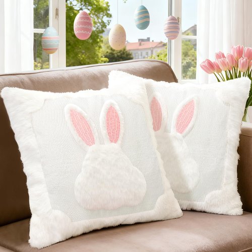 TIFFYONEK Easter Bunny Pillow Covers 18x18 Set of 2, Ultra-Soft Plush Faux Fur White Rabbit Throw Pillowcases with Pink Embroidered Ears for Spring Farmhouse Home Decor, Kids Room & Easter Gifts