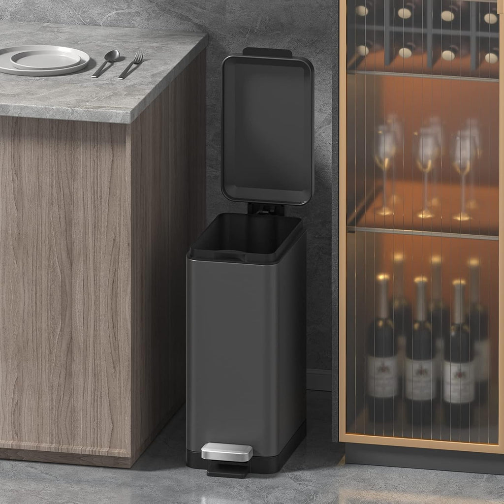 Mbillion Slim Stainless Steel Bathroom Trash Can - 10 Liter Soft Close Step Pedal | Dark Grey Wastebasket