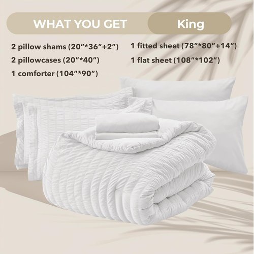 HYMOKEGE King Size Comforter Set - Luxury 7-Piece All-Season Bedding in White with Sheets & Pillowcases