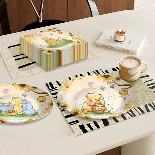 150pcs Baby Shower Decorations Boys Classic Bear Plates Napkins Boy Paper Disposable Dessert Plates Tableware Set for Newborn Kids Birthday Party Decorations Serves 50 Guests (Yellow)