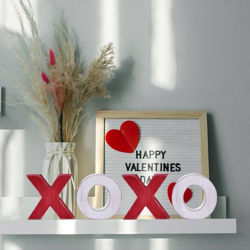 Valentine’s Day XOXO Wooden Table Decor Set, Rustic Valentine’s Day Home Decorations, Freestanding XOXO Sign for Tiered Tray, Mantel, Shelf, Table, Farmhouse Valentines Decor (red white)