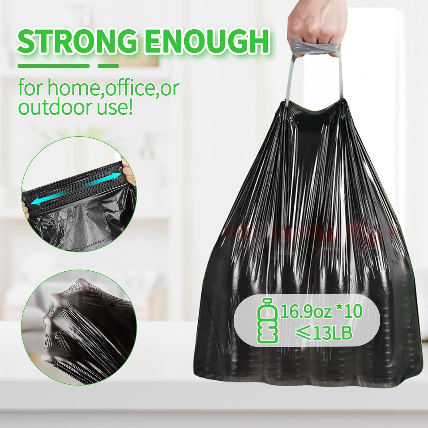 Skiennix 100 Count Small Drawstring Trash Bags - Thick 4-Gallon Liners for Bathroom & Office | Black
