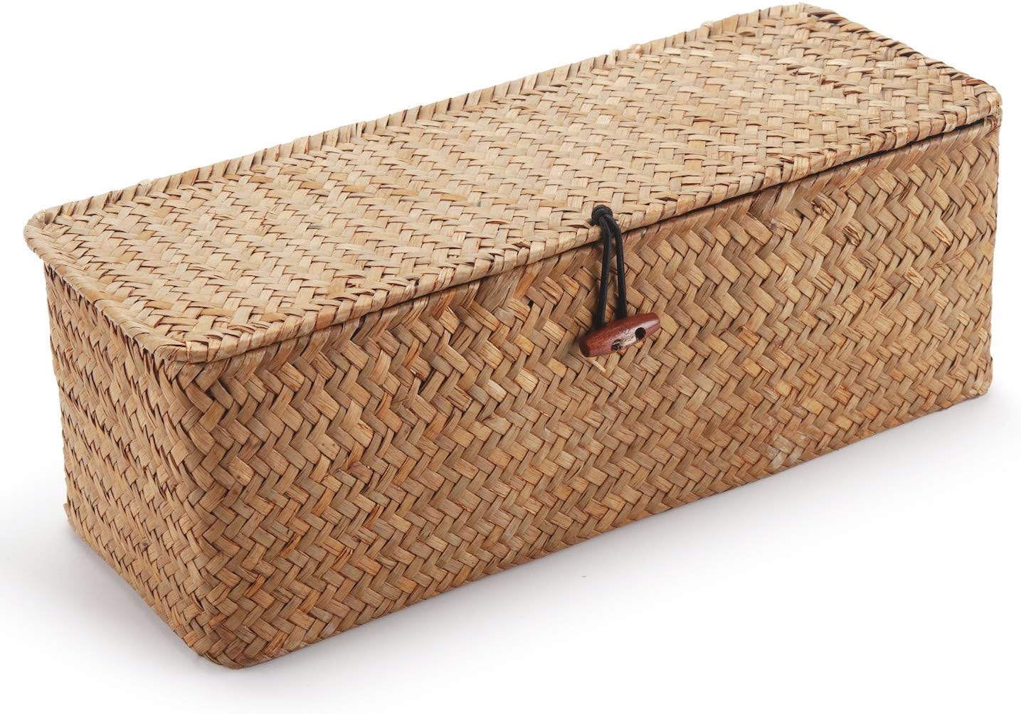 Seagrass Tank Basket - Woven Storage Basket with Lid for Organizing Snacks & Toys | Large 16.5" L x 5.5" W x 5.5" H