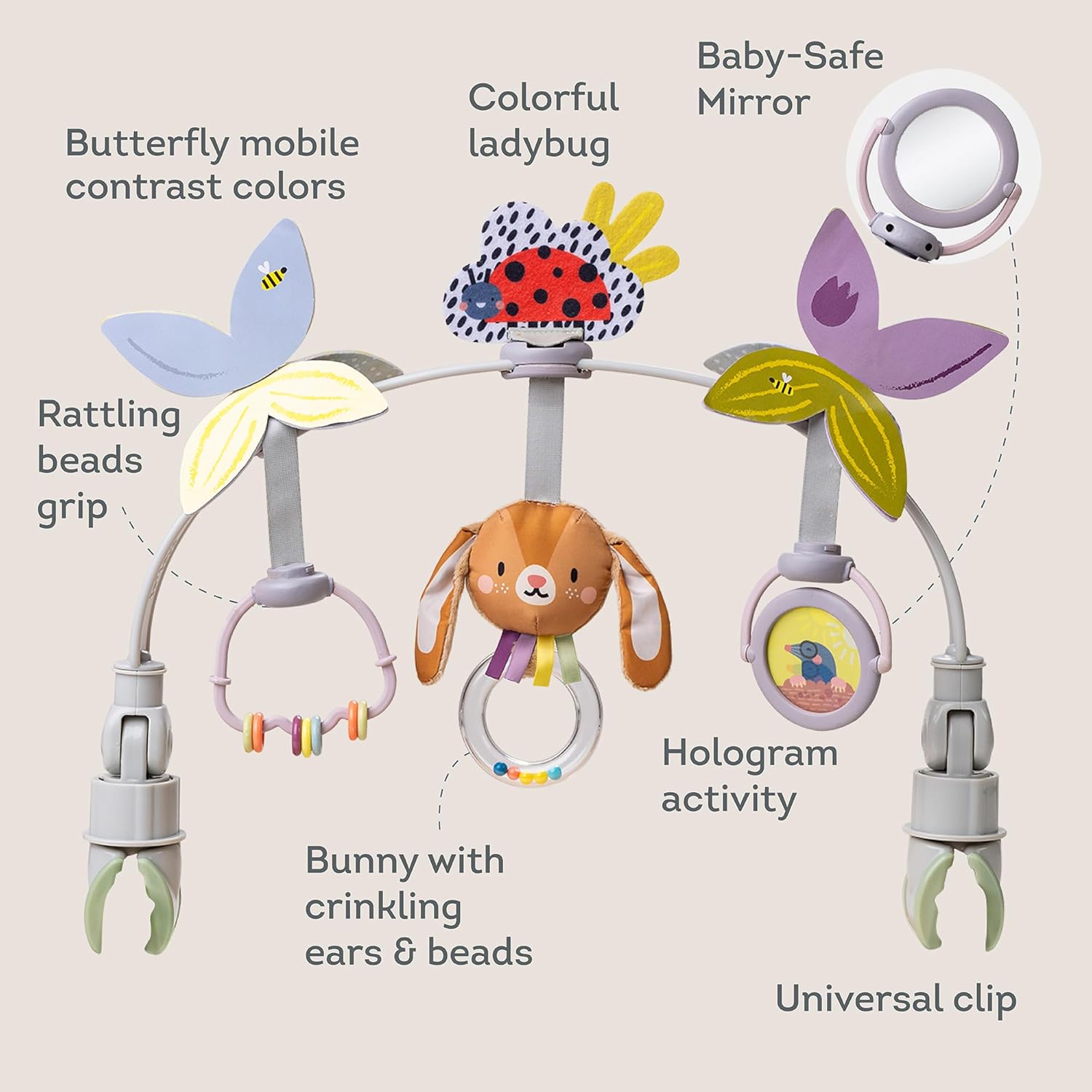 Taf Toys Baby Activity Arch - Engaging Stroller & Car Seat Toy with Rattling Beads & Spinning Mirror | 0-12 Months