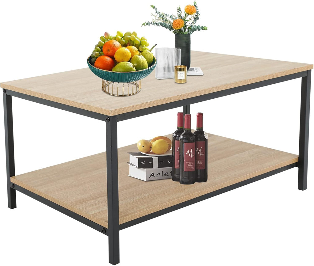 Skiennix 2-Tier Coffee Table - Metal Frame with Wood Finish & Open Storage Shelf | Easy Assembly