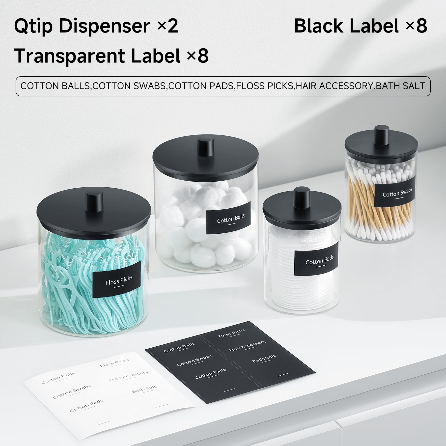 TIPGO Glass Qtip Holder Dispenser - 24 oz Clear Canister Jar, Bathroom Vanity Storage Organizer for Cotton Swabs, Pads, Floss Picks, Small Containers for Makeup Storage (Black)