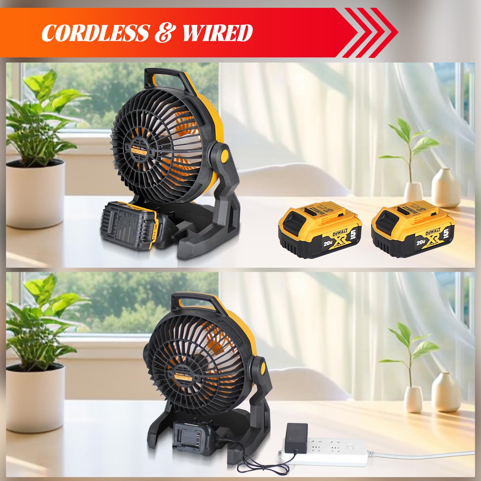 Moutec Battery Powered Fan, Cordless Jobsite Fan Compatible with DeWalt 20V & AC (adapter included). 650 CFM variable speed — for workshop, outdoor, camping. (Battery Not Included)