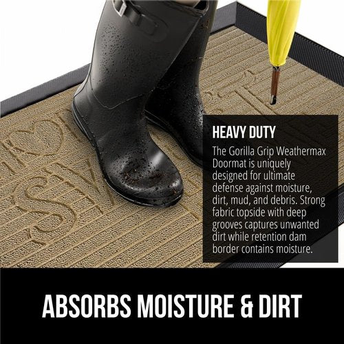GORILLA GRIP Waterproof All-Season WeatherMAX Doormat - Natural Rubber, Stain & Fade Resistant, 29x17