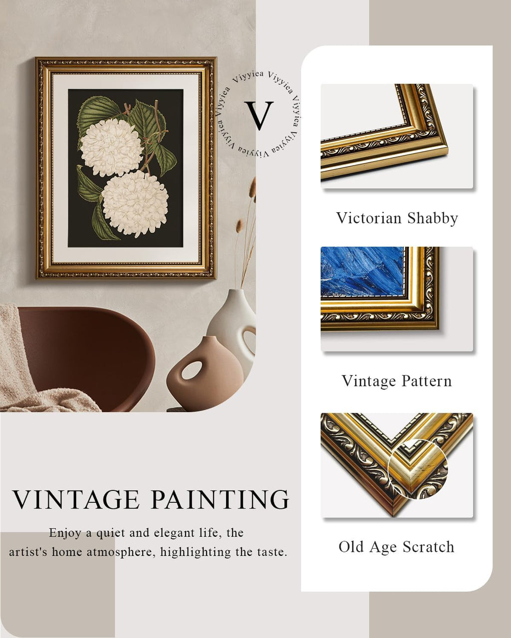 VIYYIEA Gold Framed Canvas Print - White Hydrangea Oil Painting for Home Decor | 13x16in Aesthetic Wall Art