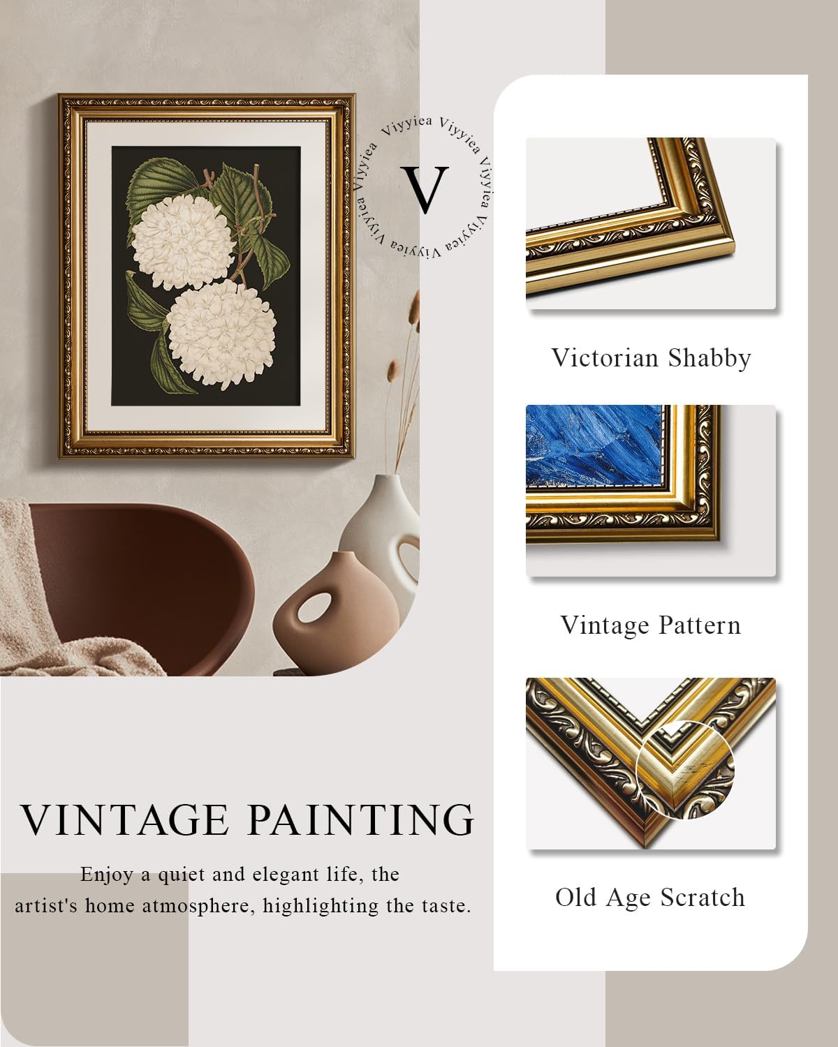VIYYIEA Gold Framed Canvas Print - White Hydrangea Oil Painting for Home Decor | 13x16in Aesthetic Wall Art