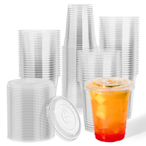 JOLLY CHEF 12 oz Plastic Cups with Lids, 500 Packs Crystal PET Clear Cups, Disposable Ice Coffee Cups with Lids For Coffee Milkshake Daily Use, Party, Wedding, Christmas