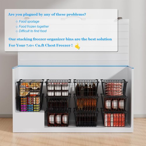 Homics Freezer Organizer Bins, Large Capacity Stackable Baskets for Deep Chest Freezer Easy Get and Sort Bottom Frozen Meats Food Storage Containers Pantry Storage and Organization, 4pcs