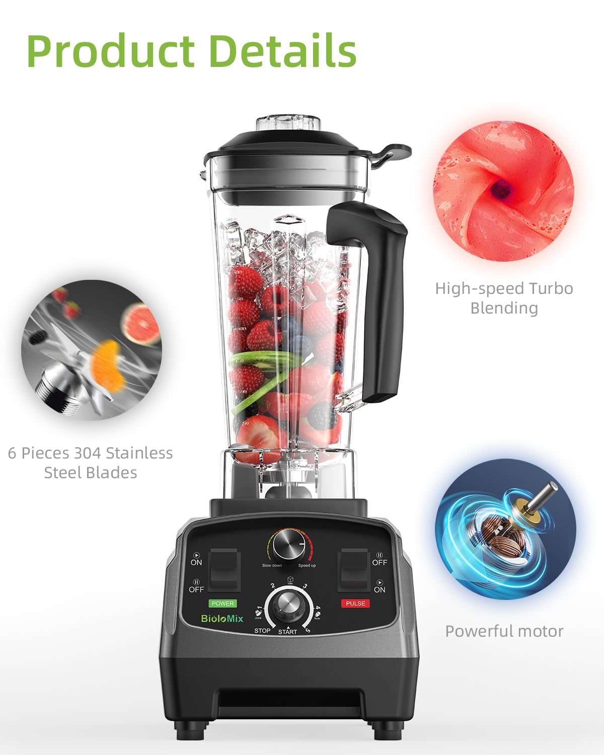 BioloMix Professional Smoothie Blender - 2200 Watt Motor, 68 Oz Large Capacity, High Speed Blender for Shakes, Smoothies, Ice Crushing, Frozen Fruits (with Extra Parts)