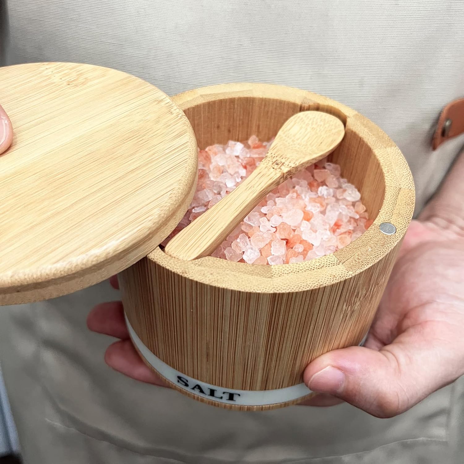 ThougrLyh Bamboo Salt Box - Magnetic Swivel Lid Salt Cellar with Spoon for Easy Storage | Small Spice Container