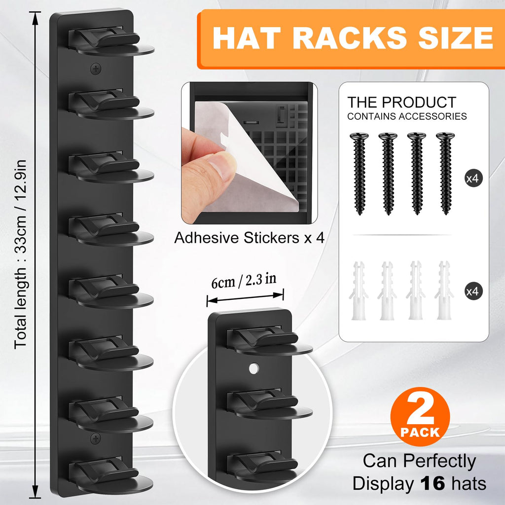 Fododo 2 Pack Hat Organizer for Baseball Caps, Hat Rack for Wall, Strong Adhesive & Screw-in Cap Holder Hats Hangers for Closet Door & Bedroom