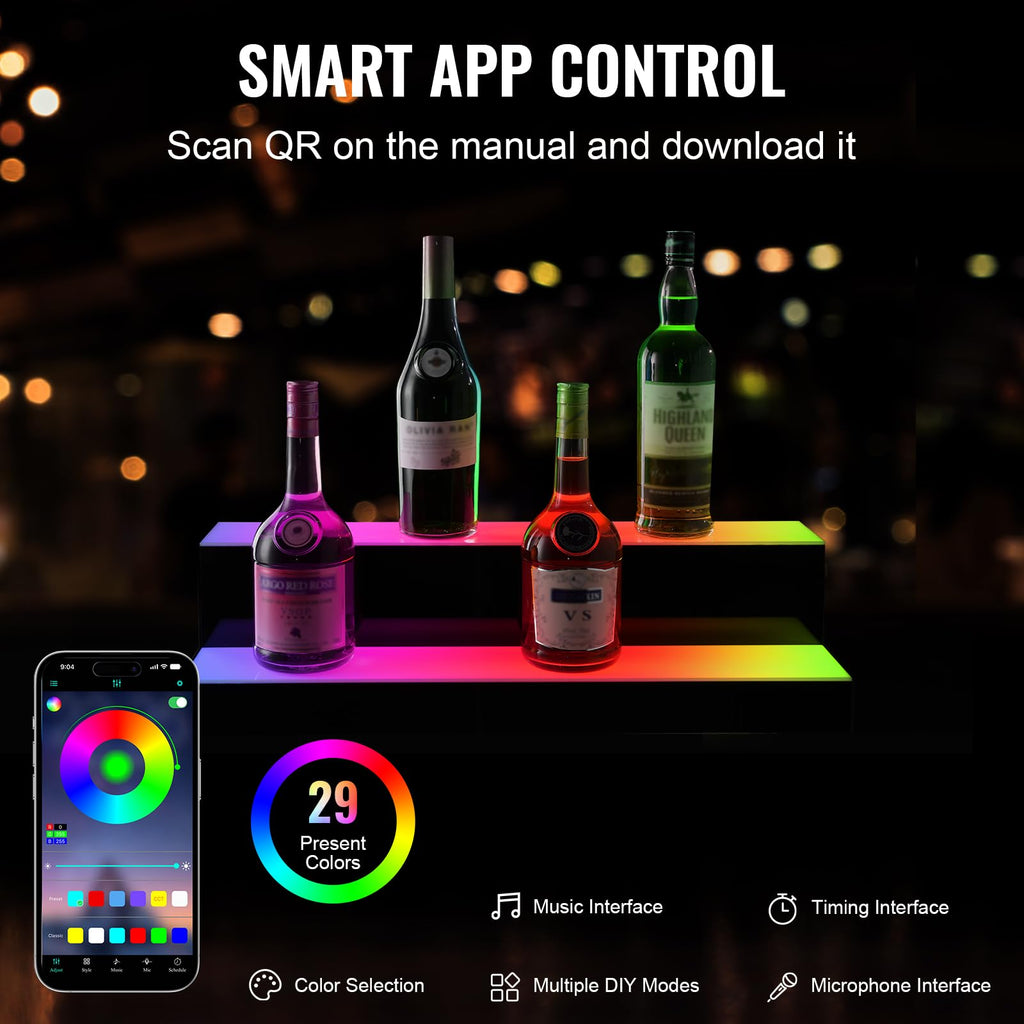 VEVOR LED Lighted Liquor Bottle Display, 2 Tiers 24 Inch Commercial Illuminated Home Bar Shelf, 2 Steps Whiskey Rack Stand, Acrylic Drink Shelves with RF Remote & App Control, and Multicolor Light