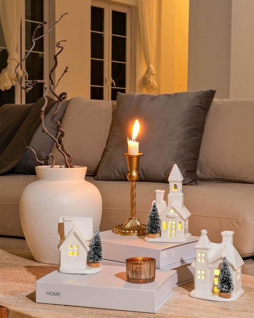 DN DECONATION Ceramic Village Houses Set - 3 White Porcelain Christmas Decor with Frosted Trees for Holiday Table Display