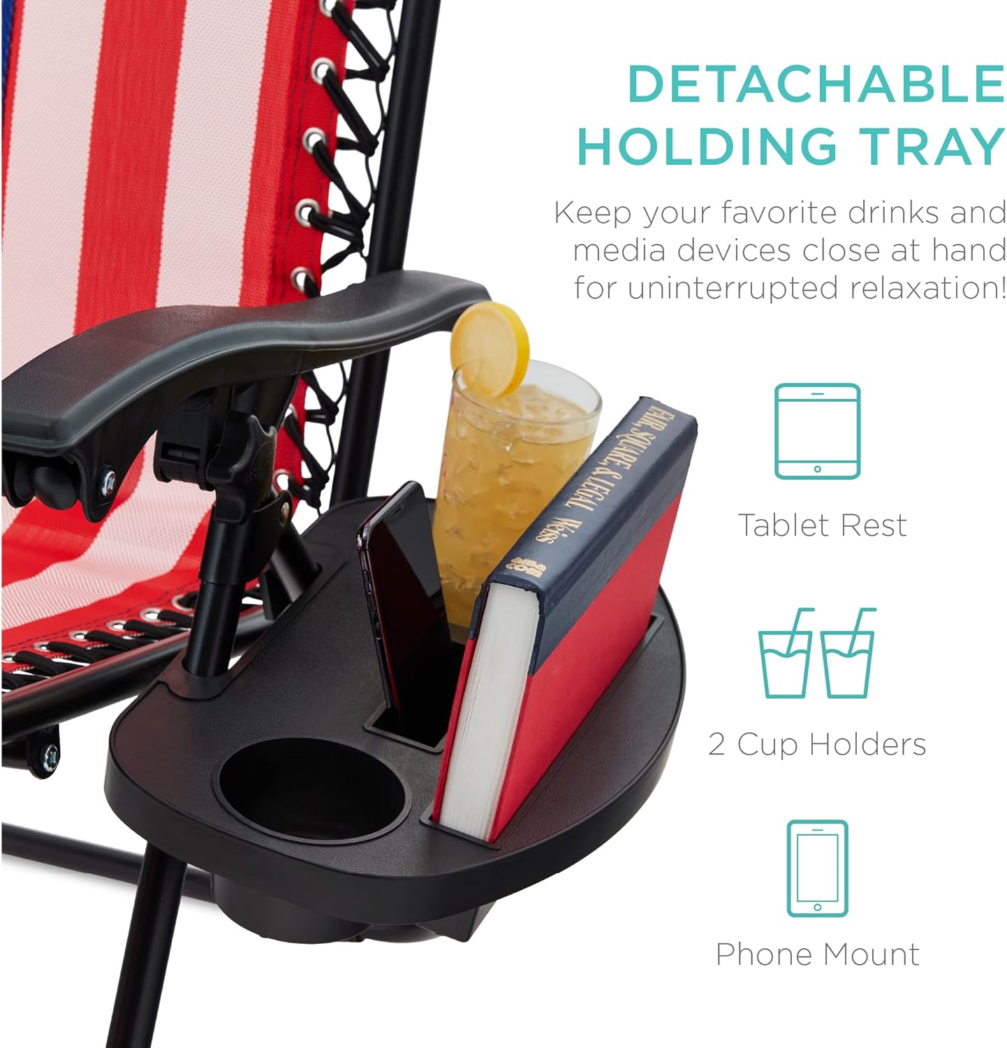 Best Choice Products Adjustable Steel Mesh Zero Gravity Lounge Chairs - Set of 2 with Pillows & Cup Holders | American Flag Design
