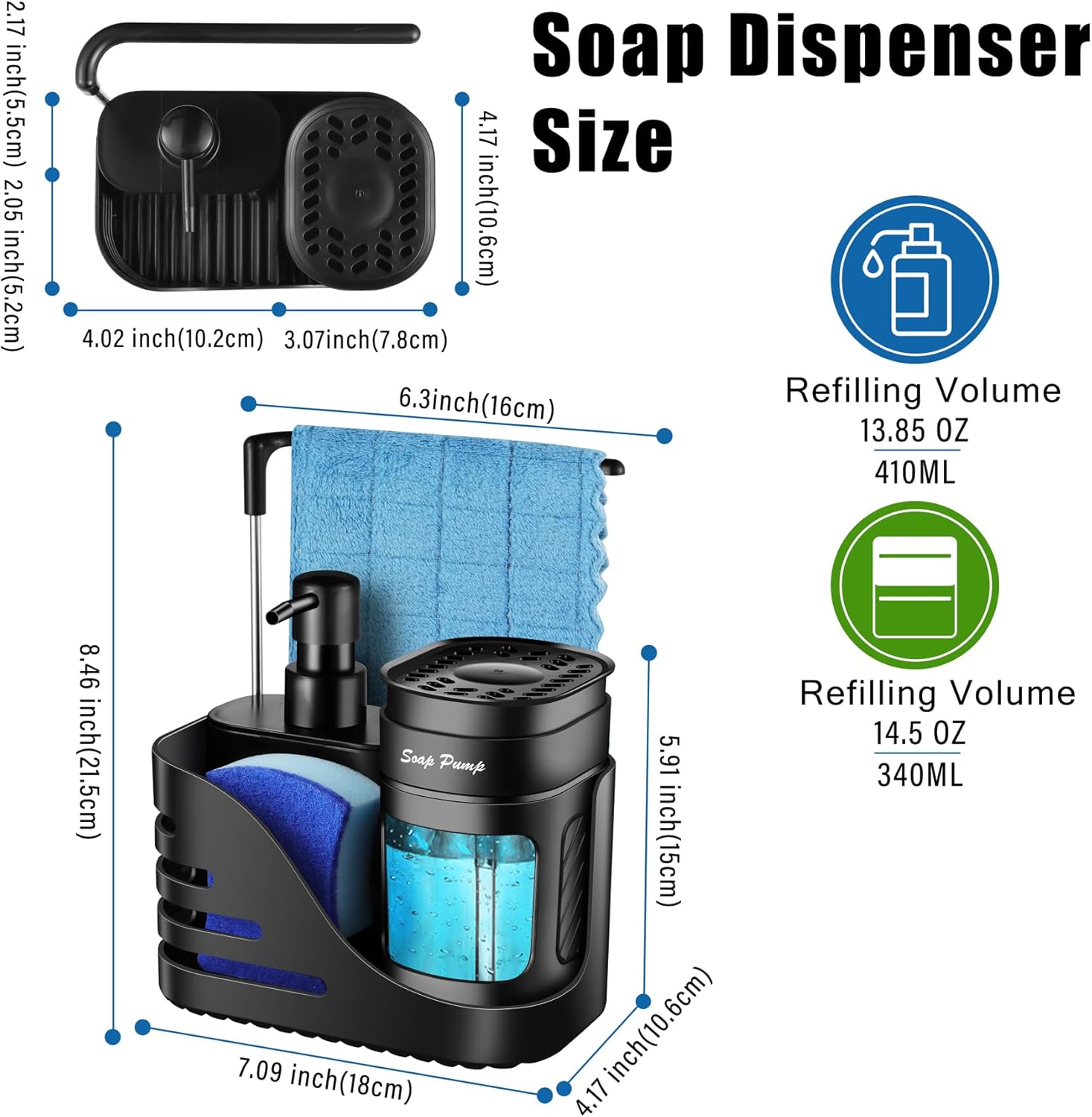 Skiennix Kitchen Soap Dispenser Set - 4-in-1 Dual Soap & Sponge Holder | Black
