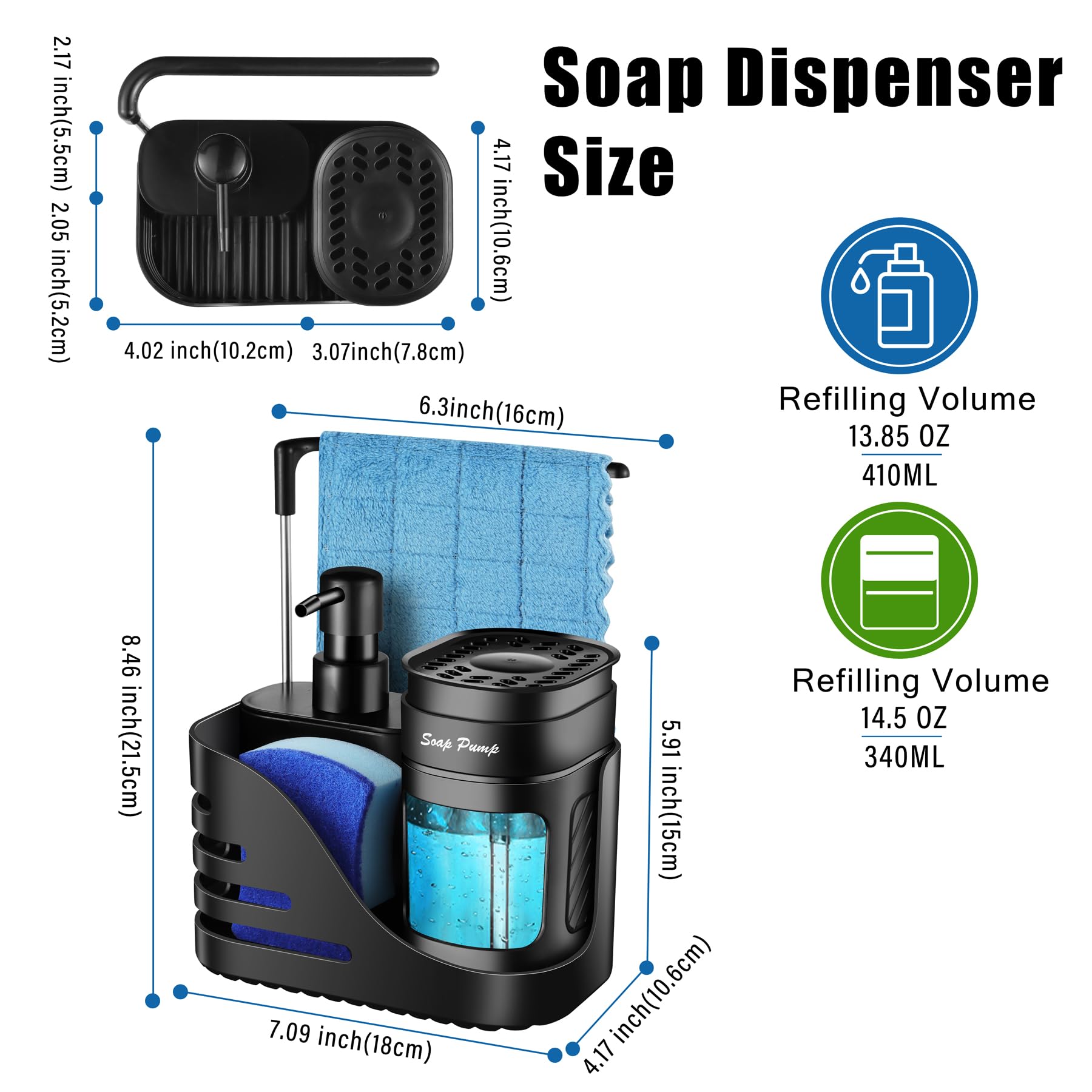 Kitchen Soap Dispenser Set, 4-in-1 Dual Hand and Dish Soap Dispenser with Sponge Holder and Dishcloth Holder for Kitchen Sink (Black)