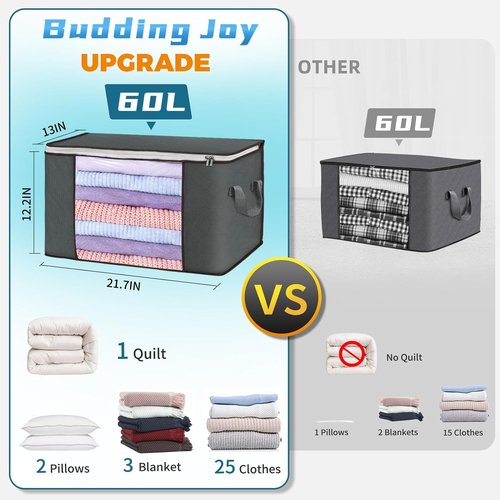 Budding Joy | Foldable Large Blanket Storage Bags - 60L Capacity, Enhanced Handles, 6-Pack Gray