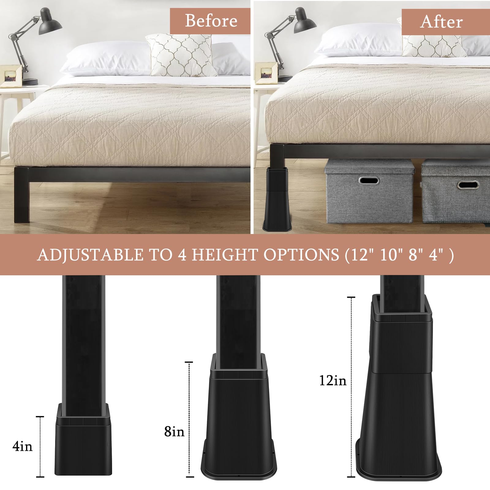 shouwuhho Bed Risers 8 Inch Heavy Duty, Furniture Risers Lifts 12" 8" 4" for Table, Desk Leg, Sofa, Couch, Adjustable Bed Frame Risers Supports Up to 6,000 Lbs, Black, 6 Pack