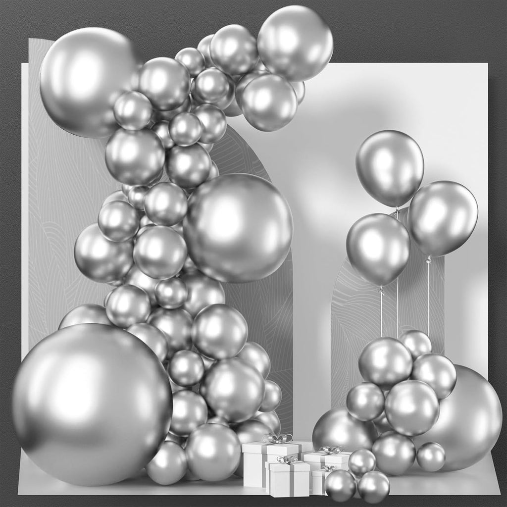 PartyWoo Silver Balloon Arch Kit - 100 Pcs in 5 Sizes for Birthday, Graduation & Engagement Decor | Silver-G102