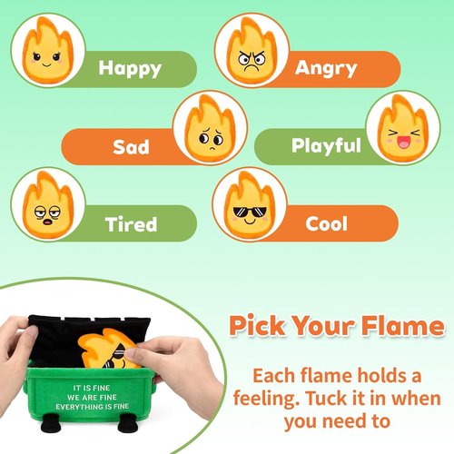 Emotional Dumpster Plush - Funny Desk Accessories with 6 Fire Plushies | Cute Stuffed Doll Gift for Coworkers