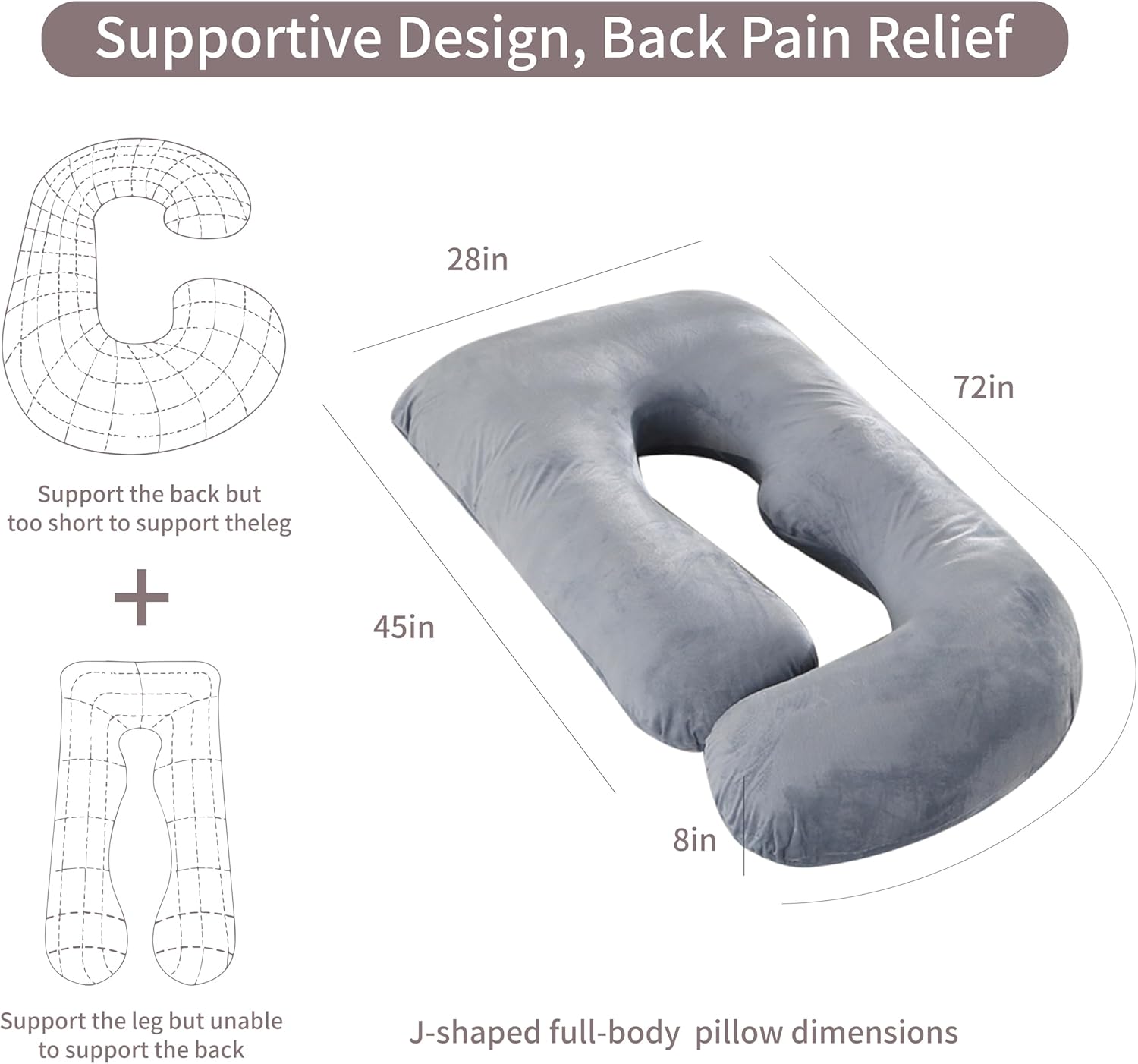 Skiennix 60-Inch U-Shaped Pregnancy Pillow - Cooling Full Body Support with Removable Velvet Cover | Grey