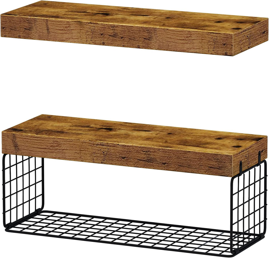QEEIG Bathroom Shelves | Over Toilet Wall-Mounted Floating Shelves - Rustic Brown, 16 Inch Set of 2