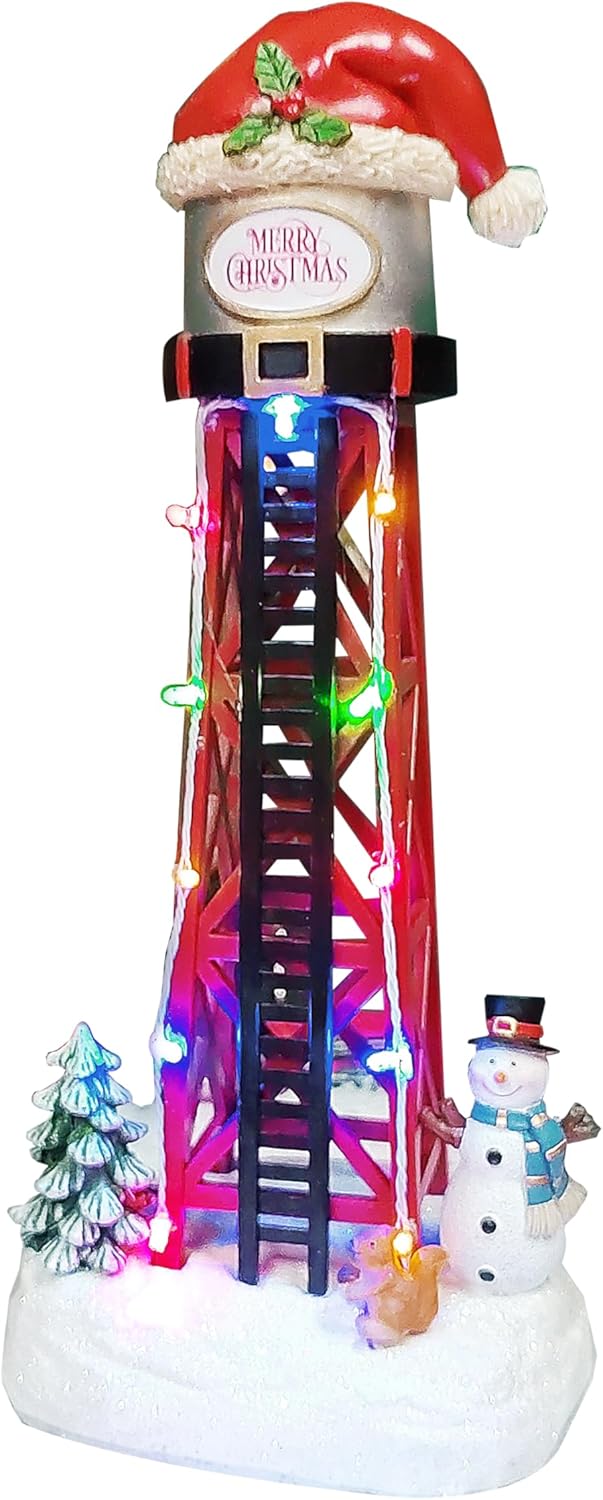 Moments In Time Water Tower Christmas Village - 12” LED Holiday Decoration with Santa Hat & Snowman