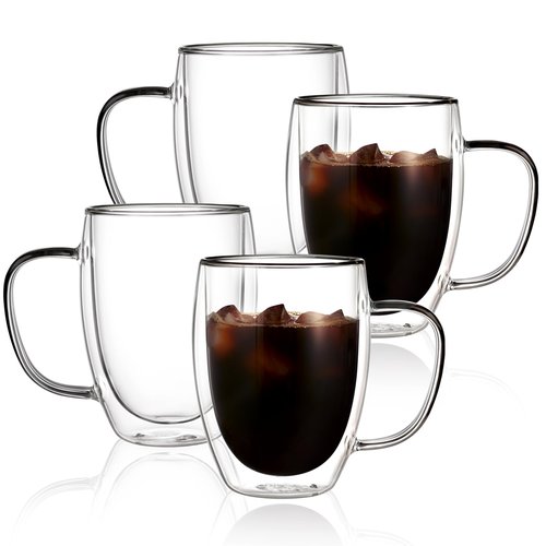 CNGLASS 12oz Double Walled Glass Coffee Mugs(4-pack),Insulated Glass Mugs with Handle,Clear Espresso Cups for Latte,Cappuccino,Tea Bag