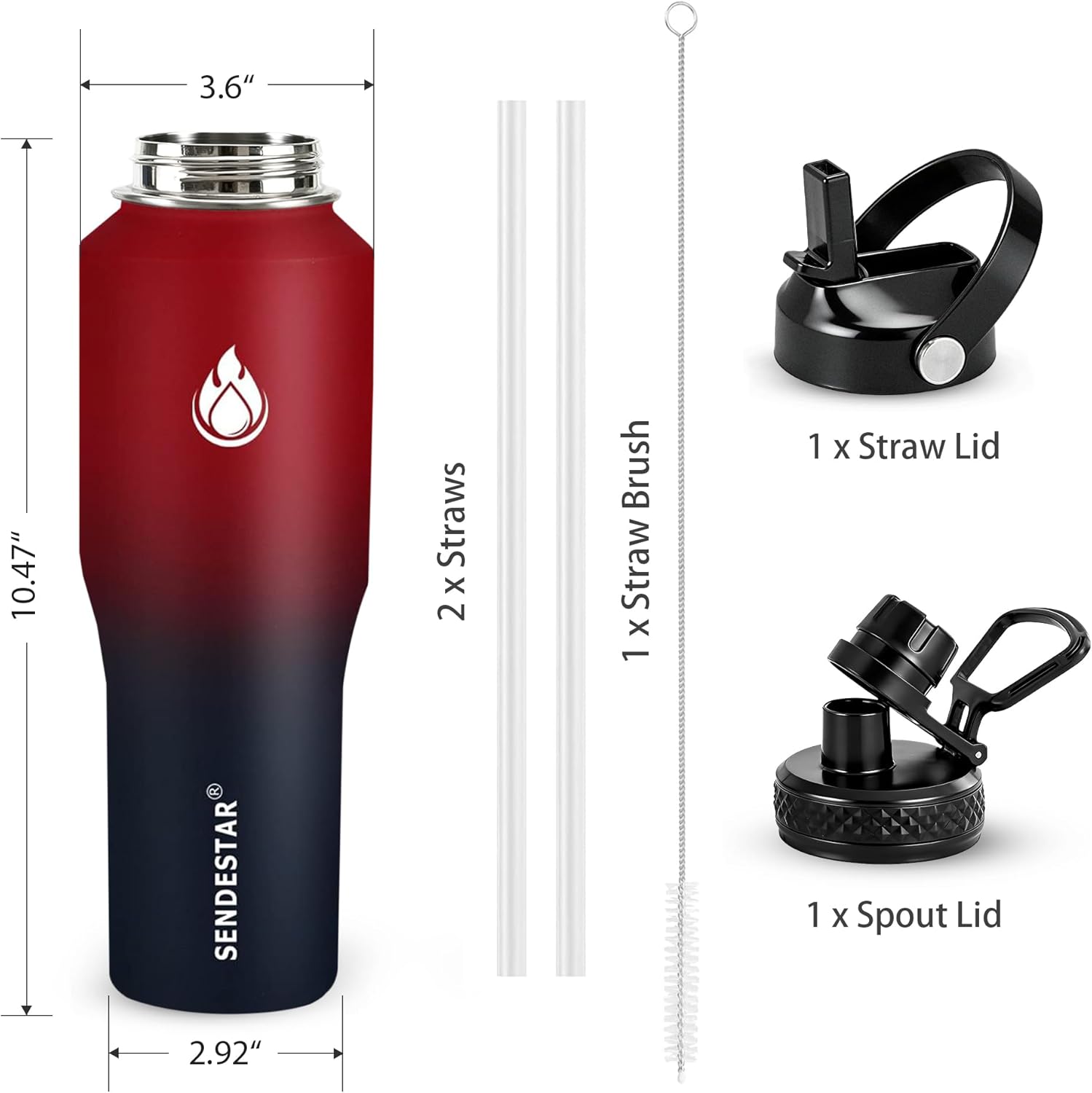 SENDESTAR 32oz Stainless Steel Water Bottle - Vacuum Insulated & Wide Mouth - Fits Car Cup Holders