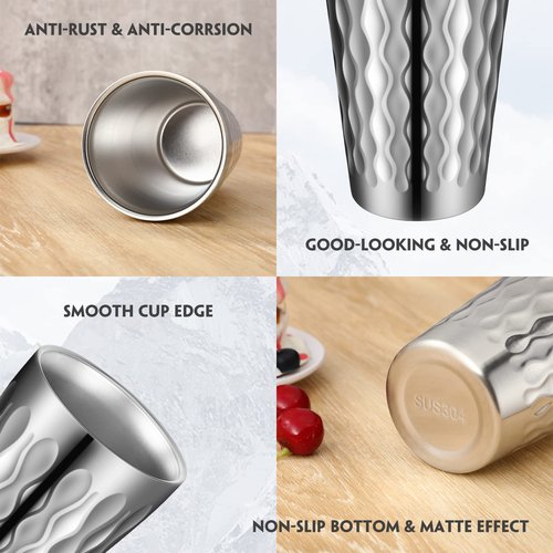 Mimorou 8 Pack 16oz Stainless Steel Cups Pint Cup Metal Double Layer Insulated Drinking Beer Water Tumbler Camping Reusable Stackable for Office Party Hot Cold Drink(Wave Pattern)