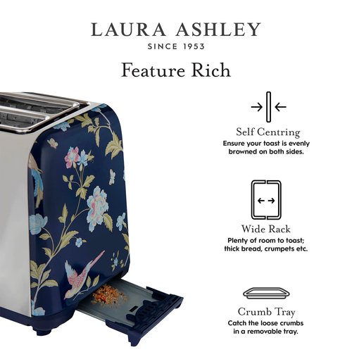 VQ Laura Ashley Elveden Navy Stainless Steel 2 Slice Toaster | Multi-Functional Bagels & Bread Toaster 2 Slice with Adjustable Heating & Defrost Mode | Featuring 2 Wide Slots, Croissant Warming Rack