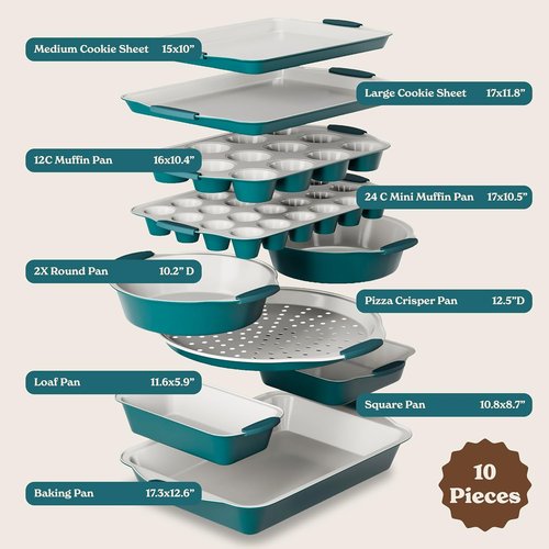 Country Kitchen Nonstick Bakeware Set - Durable & Easy Release, Sage Color, 10 Pieces
